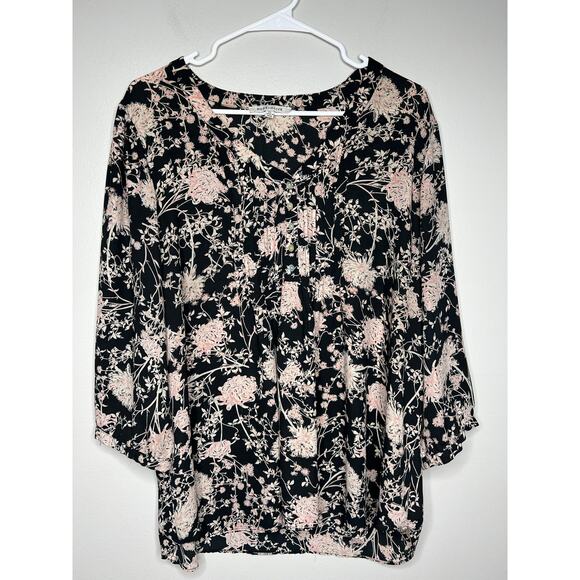 Rose + Olive Size 2X Black Floral 3/4 Sleeve Peasant Top Tunic Lightweight Flowy - Picture 1 of 11